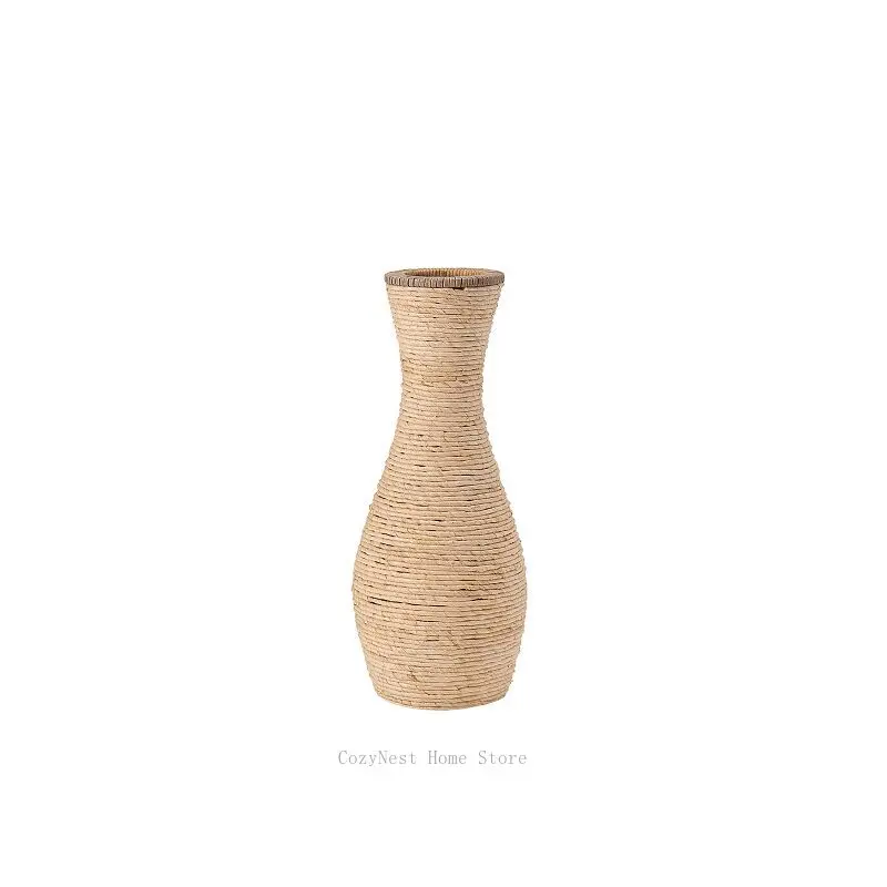 Handwoven Straw Rope Vase Natural Wood Color Small Apartment Living Room Decor Vertical Ornament For Home Tabletop Shelf Display