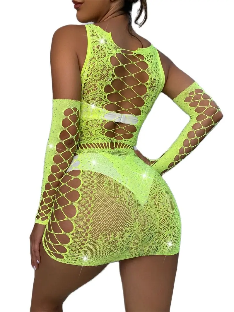 Women Hollow Out Stretchy Lingerie Body Stocking Rhinestone Jumpsuit One Piece Underwear Exotic Dancewear with Gloves