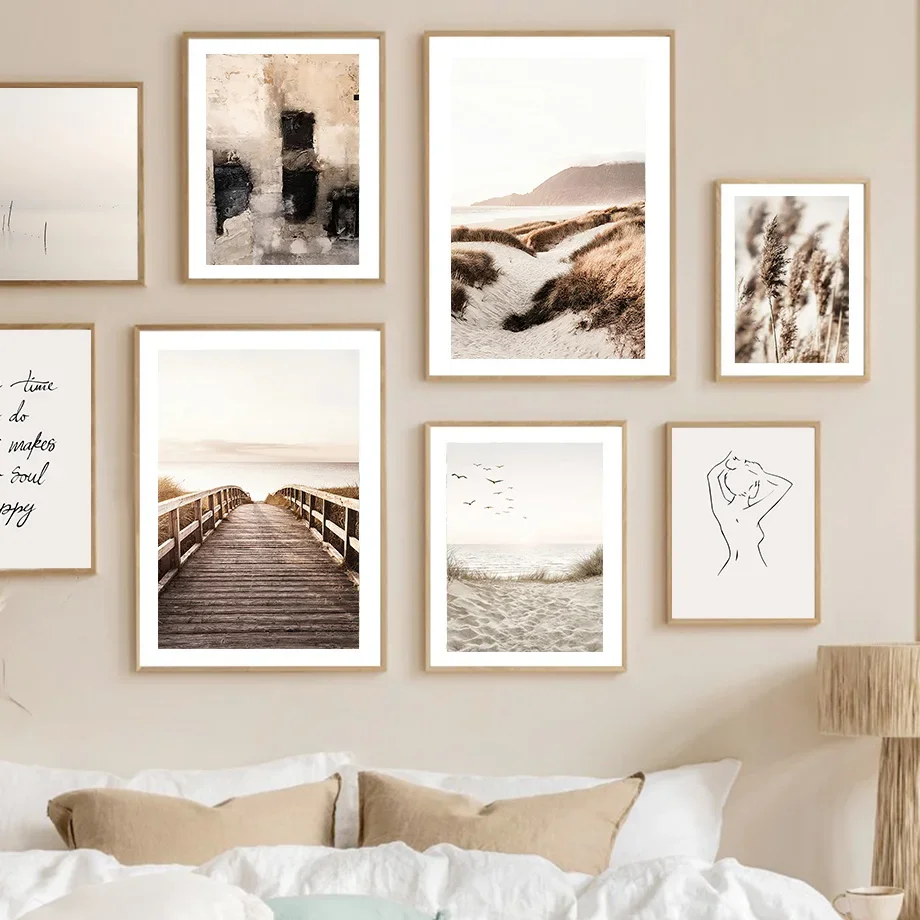 

Autumn Landscape Girl on Sandy Beach with Grass And Bridge Wall Art Mural Canvas Painting Living Room Decor Poster Print