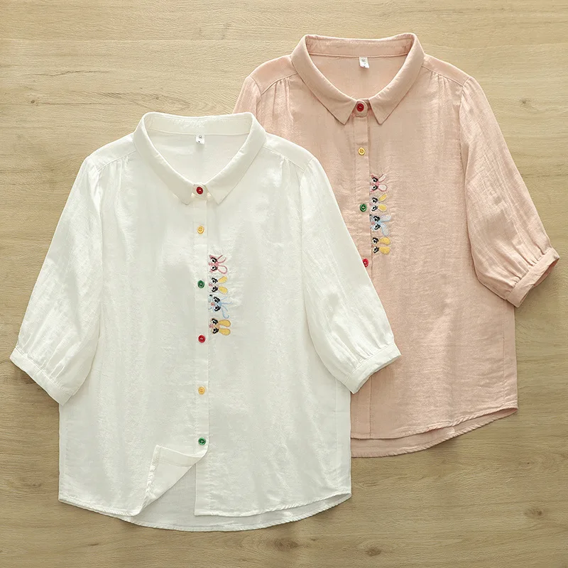 

Japanese Sweet Mori Girl Cartoon Rabbit Embroidery 100% Cotton Shirts Women Summer Turn Down Collar Short Sleeve Casual Blouse