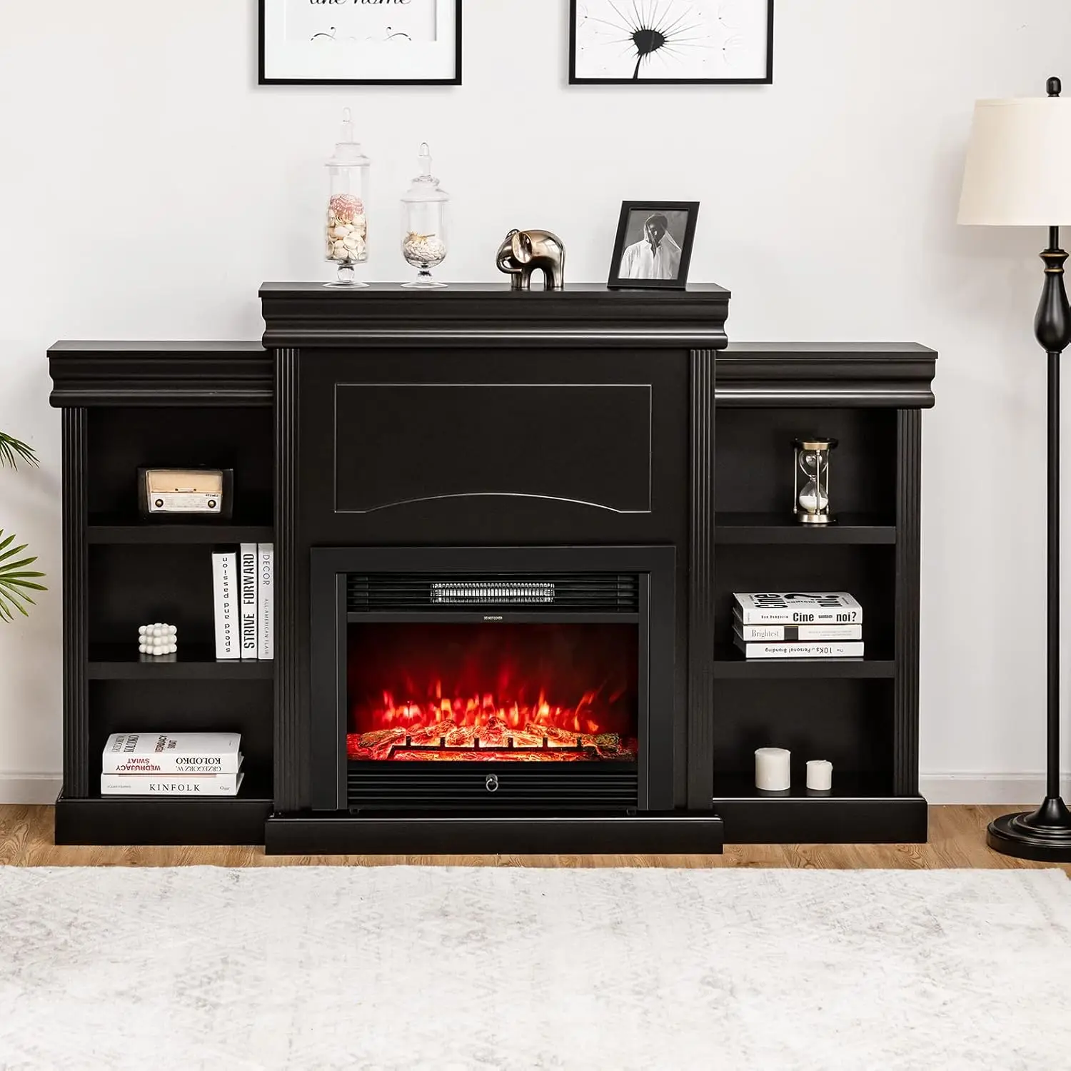 

70" Mantel Fireplace, 750W/1500W Electric Fireplace Mantel & Built-in Bookshelves, 28.5-Inch Electric Fireplace Remote Control