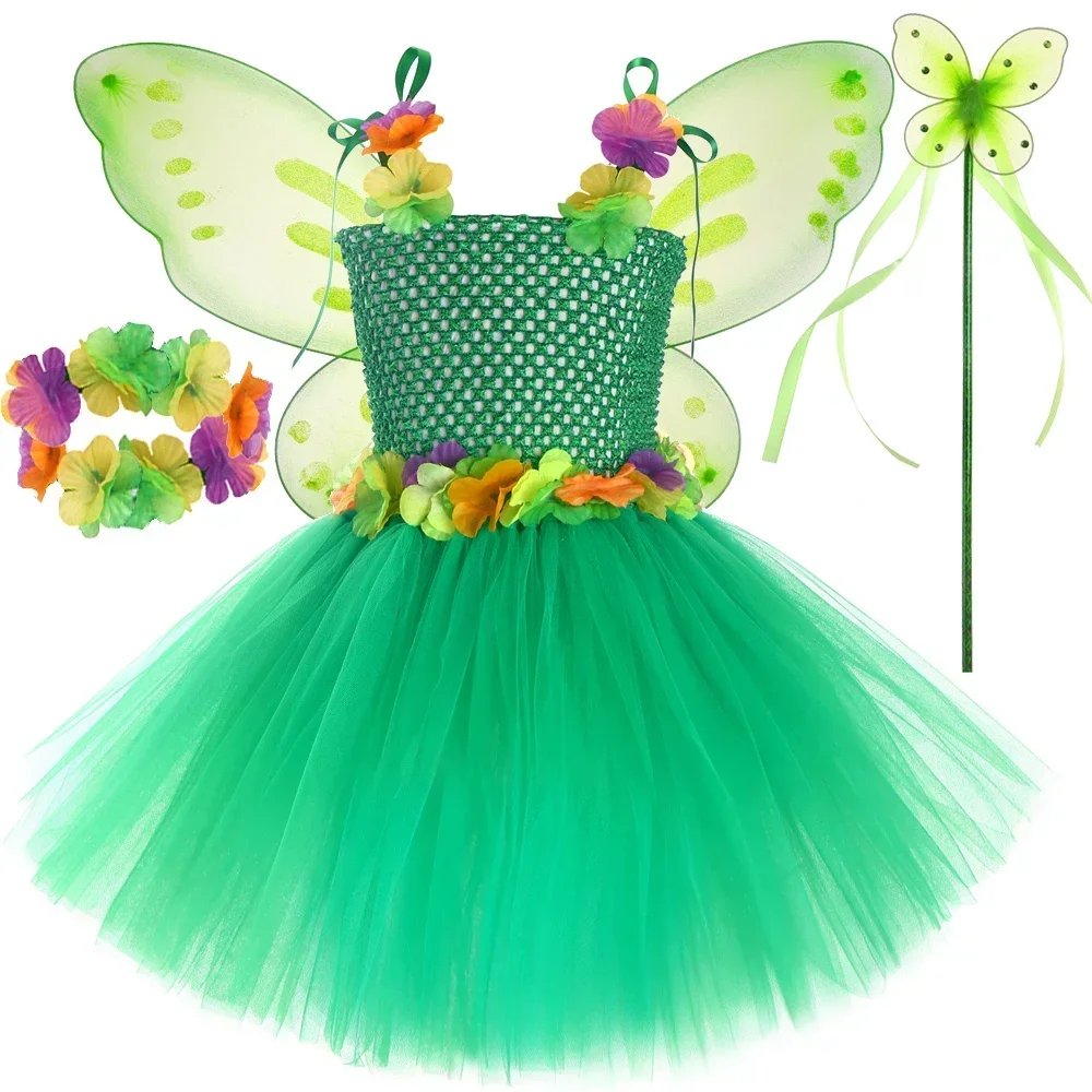 Green Flowers Fairy Costumes for Girls Jungle Elves Princess Ballet Tutus Dresses for Kids Halloween Christmas Outfit with Wings