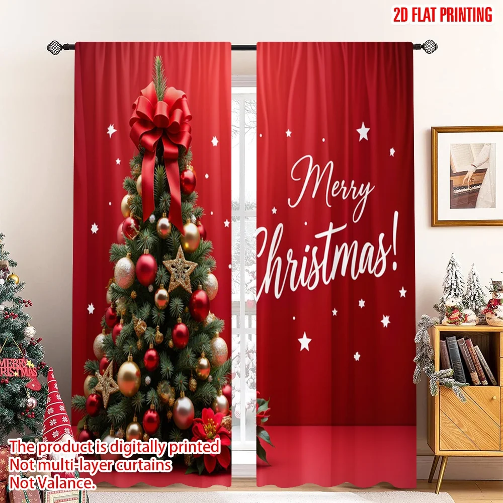 

2pcs 2D flat printing Merry Christmas Window Drapes Merry Christmas Tree Design Polyester Fabric Without Electricity Party