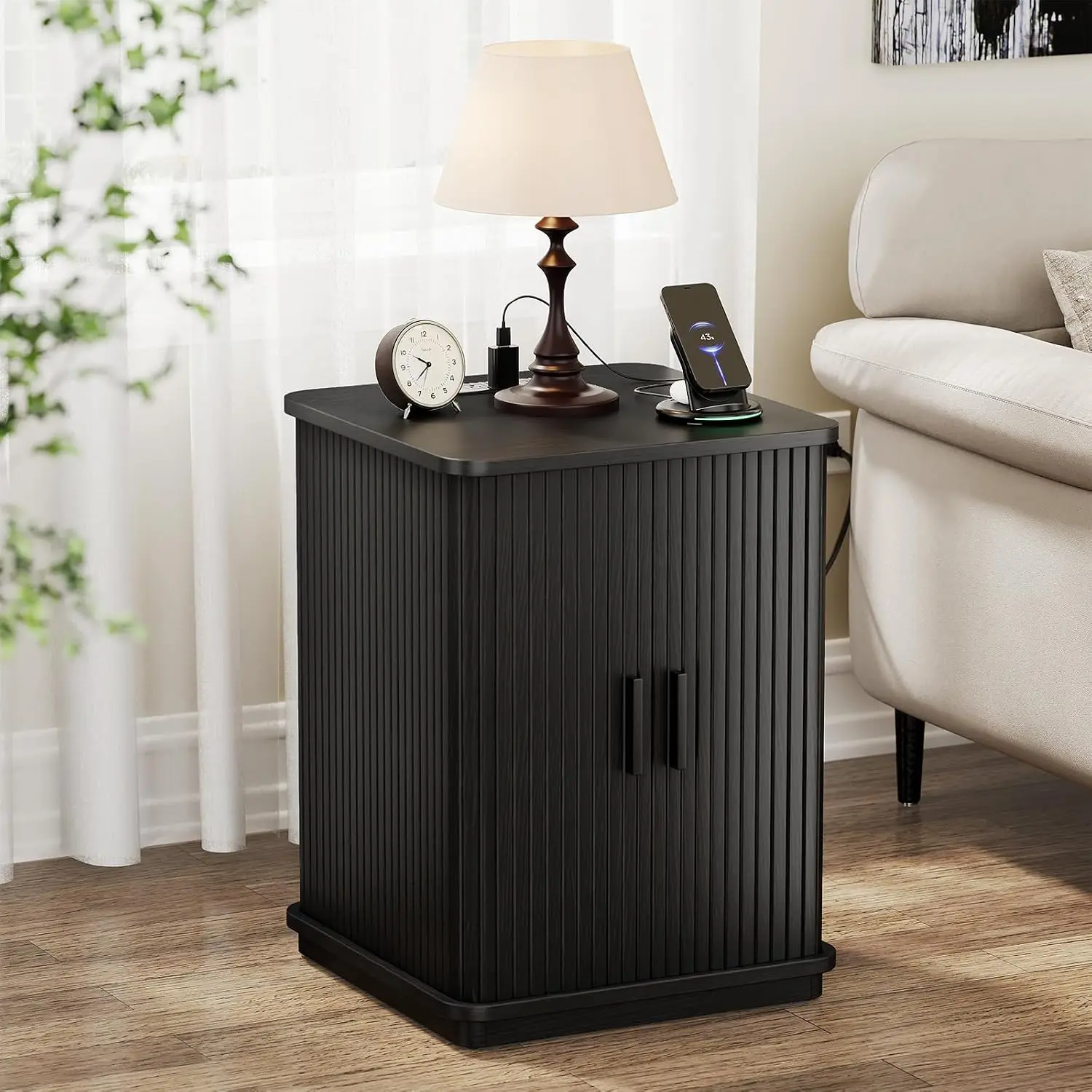 ONBRILL 1 Piece Modern Fluted Wood End Table with Charging Station, Square Storage Nightstand with Sliding Tambour Door, 2 AC Outlets, USB & Type-C Ports for Bedroom Living Room Sofa Side