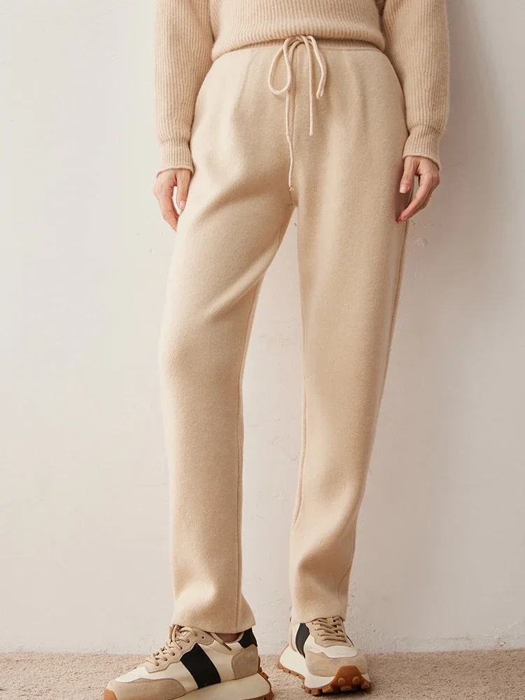 Casual Pencil Pants Women Pants 100% Cashmere Knit Autumn Winter Basic Warm Lace Up Elastic Waist Trousers Simple Style Pocket