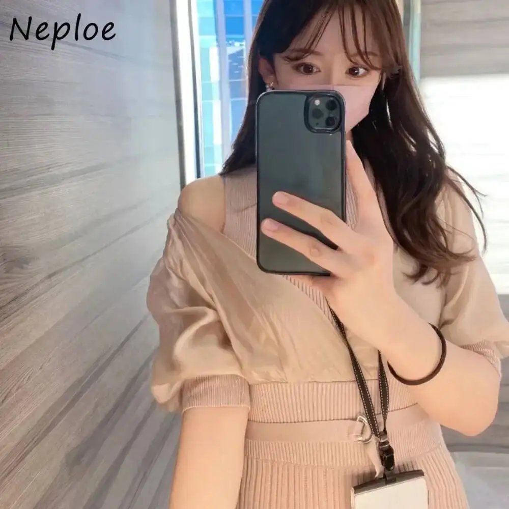 새로운 O 넥 퍼프 슬리브 니트 셔츠 드레스 패치 워크 슬림 벨트 맞춤형 가운 일본 Pleated Literary Off shoulder Mujer