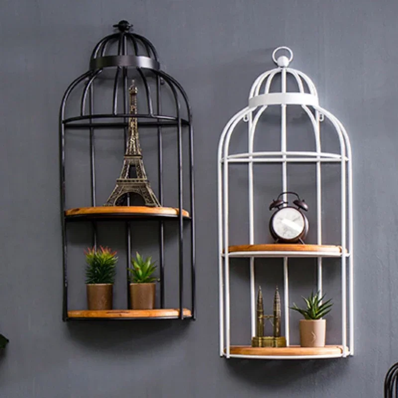 American Retro Storage Holders, Iron Wall Hanging Bird Cage, Living Room Bar Shelves, 2-Layer Vintage Decorative Storage