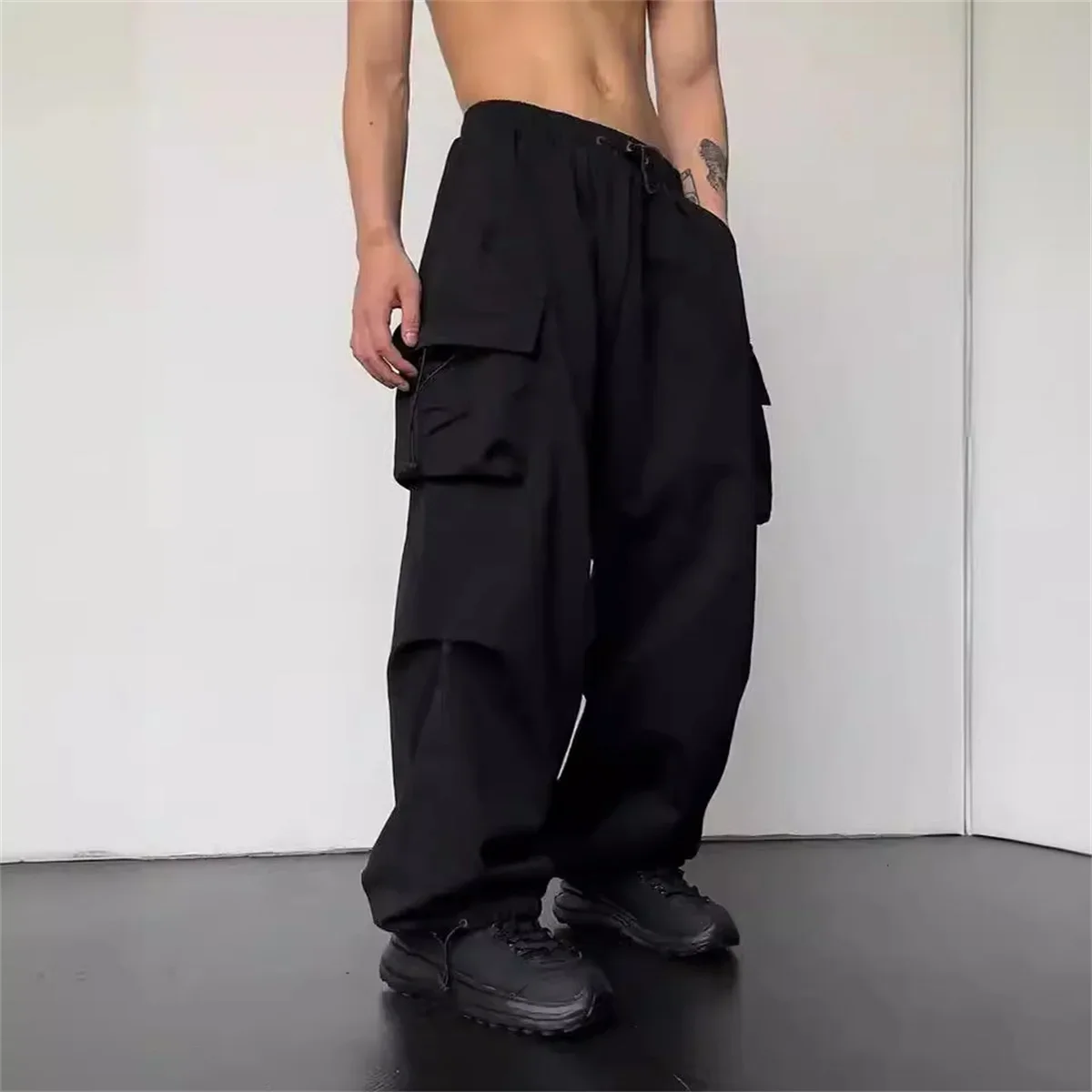 Vintage-Mode-Cargohose für Damen, einfarbig, mit elastischem Bund, Taschen, Jogginghose, weites Bein, Baggy-Schnitt, Y2K-Hose, Streetwear, amerikanische Kleidung. – Detail 11
