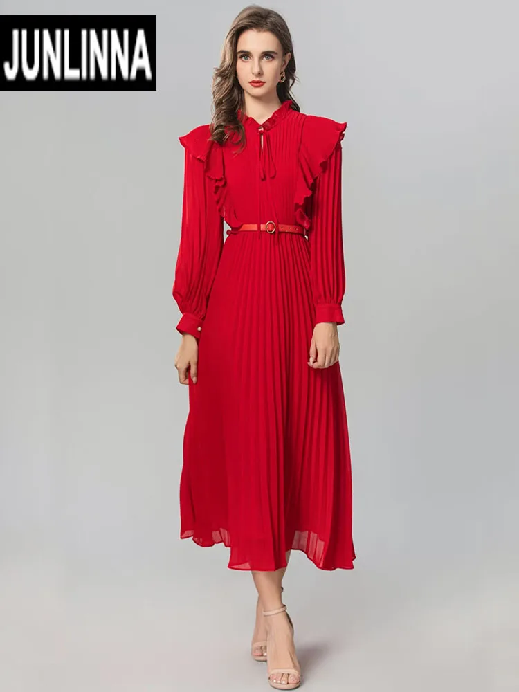 

JUNLINNA Autumn Fashion Runway Dress Stand Collar Long Sleeve Solid Colour Pleated Vestidos Elegant Women PArty Holiday