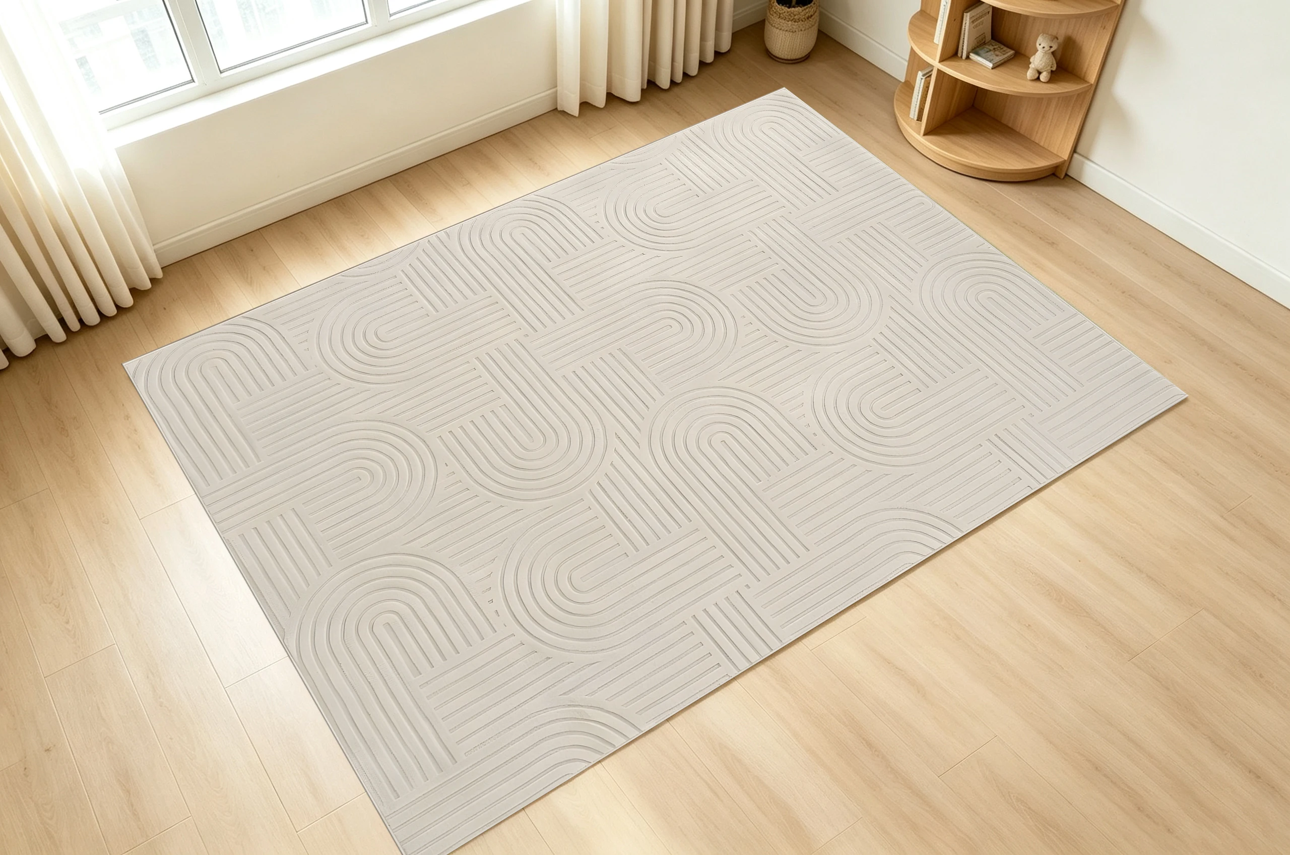 2D Off-White Rug with Minimalist Curved Lines, Soft and Skin-Friendly, for Living Room & Bedroom, with a High-End Feel – a