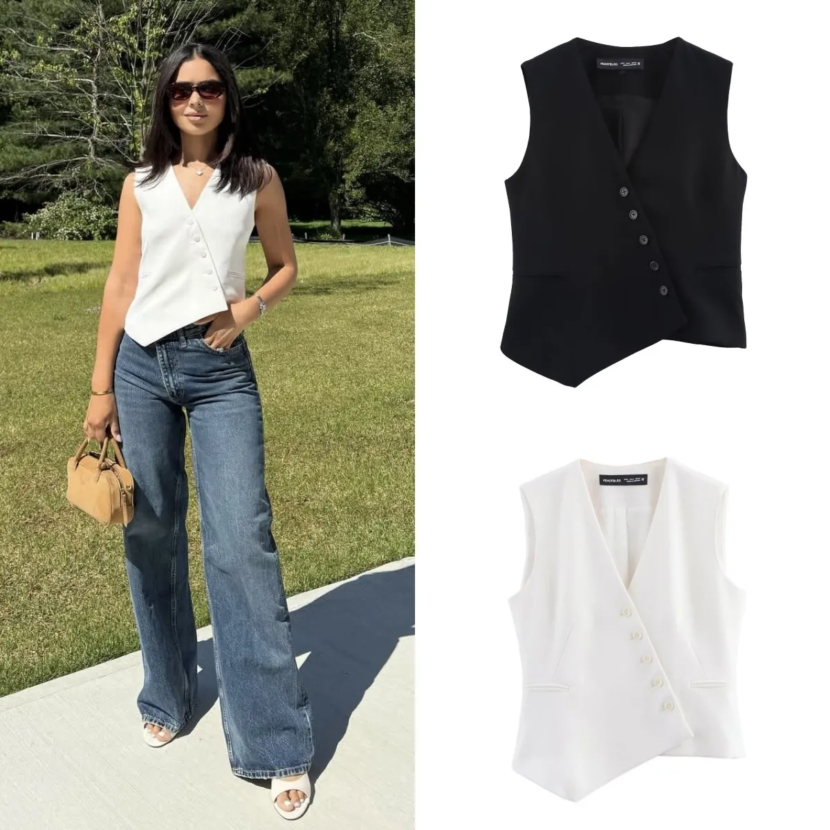 

ETJ 2025 new product TRAF women's fashion asymmetrical design casual V-neck suit waistcoat & high-waisted casual trousers set