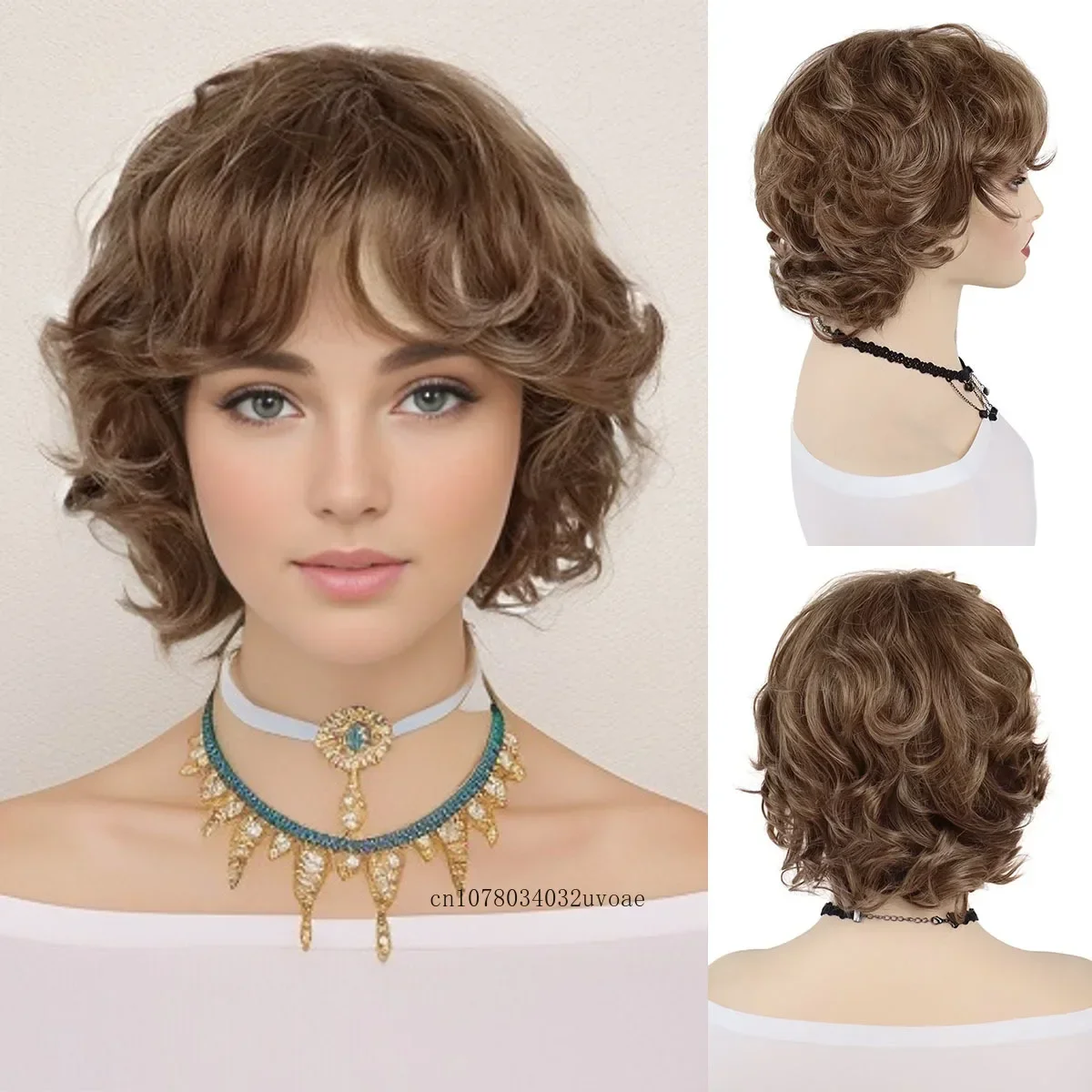 Brown Curly Wig with Bangs Synthetic Short Wigs for Women Korean Hairstyle Witty Cute Ladies Hair Daily Cosplay Halloween Party