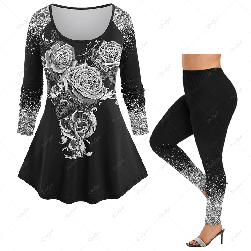 Plus Size Casual Matching Set for Women Rose Flowers Leaf  Sparkling Sequin Glitter 3D Print Raglan Sleeve T-shirt or Leggings