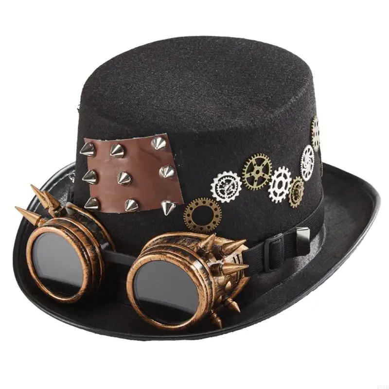 P8DB Gothic Steampunk Hat Victorian Top Hat Gothic Rivet Gear Chain Goggles Top Hat Fancy Dress Accessory for Men Women