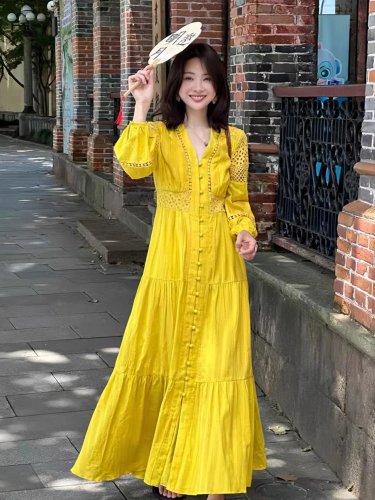 

Spring And Autumn Lace Embroidery Dress Yellow White Holiday Beach Bohemian Long Dress Elegant V-Neck Long Sleeve Women Vestidos