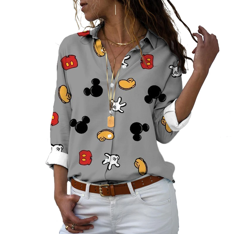 Camisa casual Mickey Minnie feminina, Harajuku, ajuste fino, impressa em 3D, de botões, manga comprida, lapela, fofo, y2k, novo, 2024