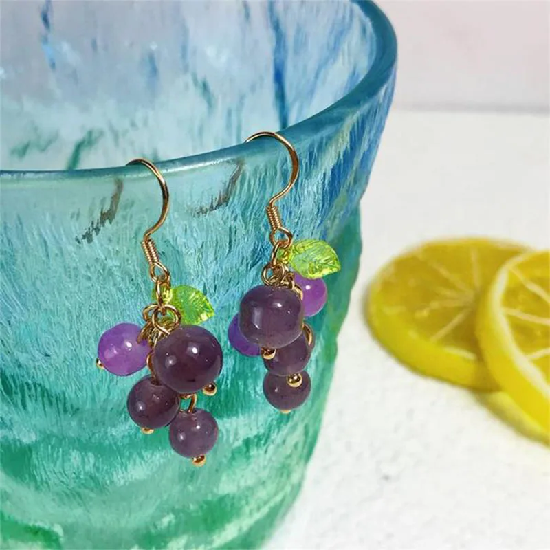 Purple Beads Grape Drop Earrings Simulation Fruit Dangle Earrings Resin Peach Earrings Women Girls Wedding Party Jewelry Gifts