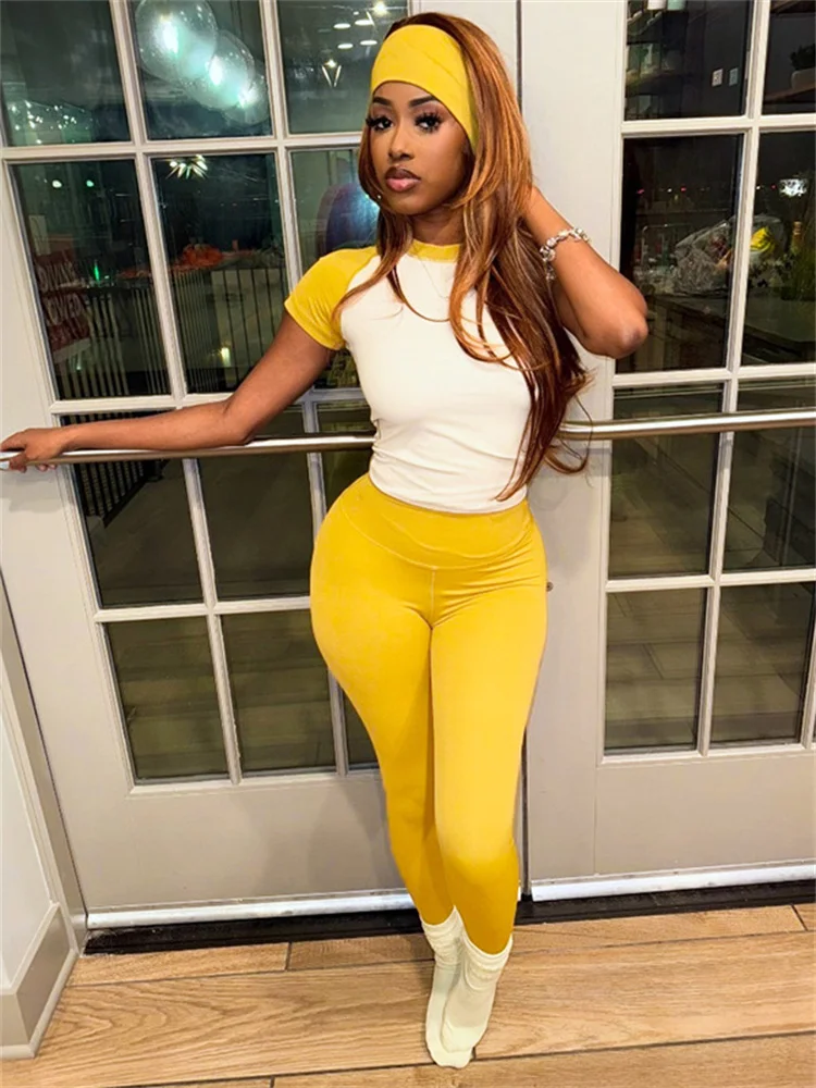 

Casual Sporty 2 Piece Set Women Contrast Patchwork Short Sleeve T-Shirts+Skinny Stretch Sweatpants Simple Tracksuits