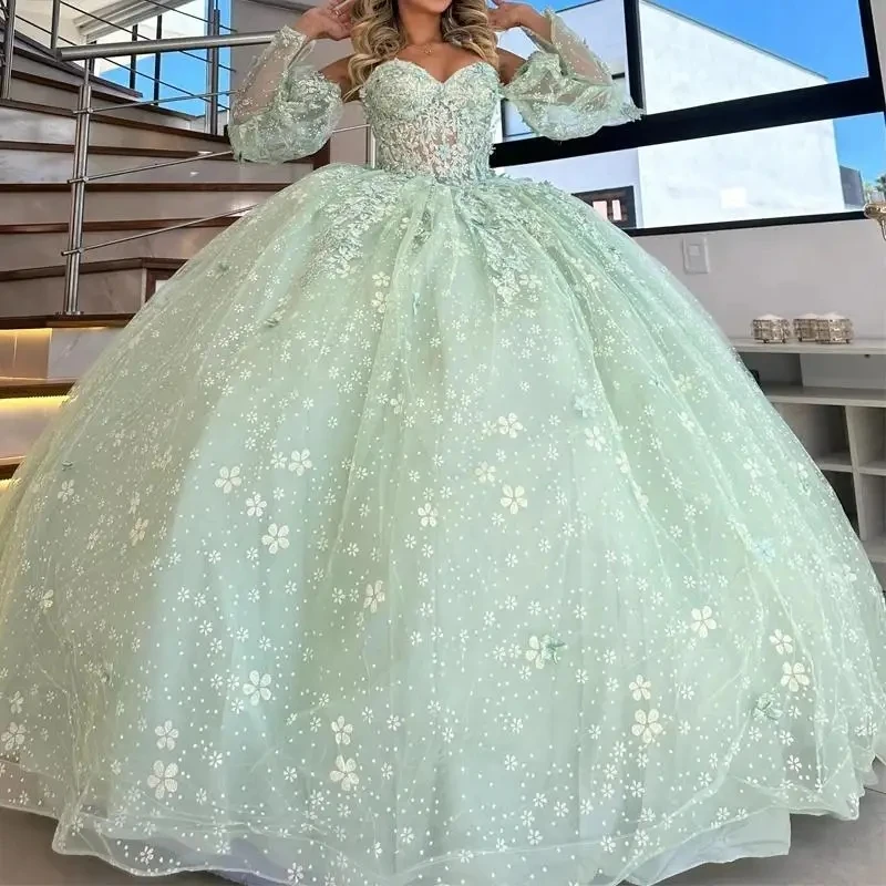 

Light Green Quinceanera Dresses Sequin Applique Beads Crystal Bow Tull Ball Gown Vestidos De 15 Años XV Brithday Sweet 16 Dress