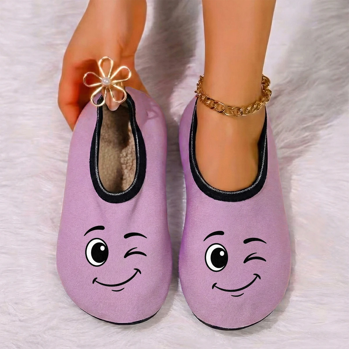 

Four season wearable women's cute expression printed suede breathable high elasticity indoor anti slip floor slippers