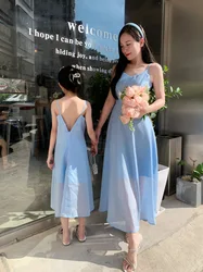 Mother Daughter Matching Dresses Summer Blue Gown Backless Slip Dress for Birthday Party Wedding Beach Family Matching Clothes