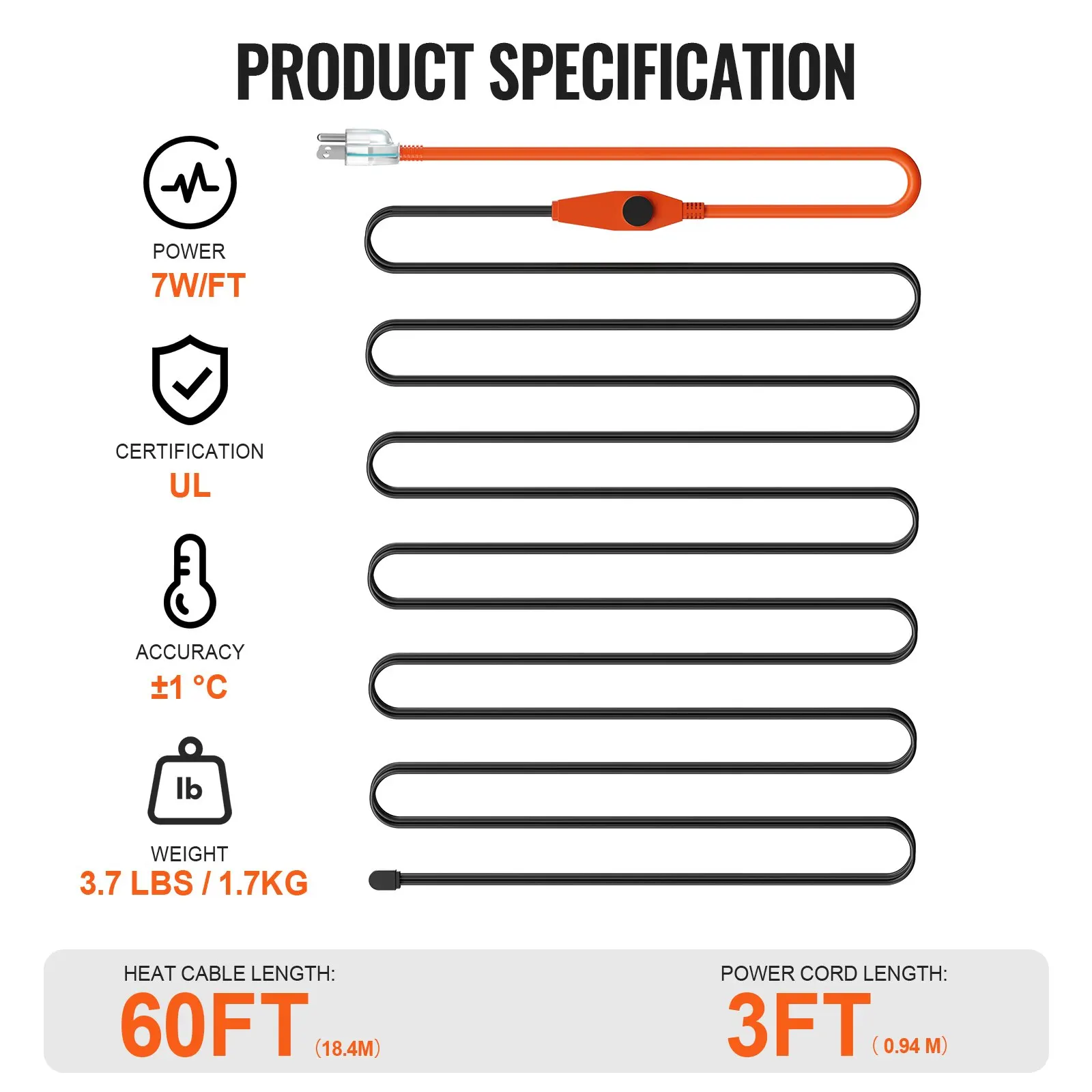 Cable calefactor de tubería 60FT 7W FT cinta térmica para tuberías con termostato incorporado