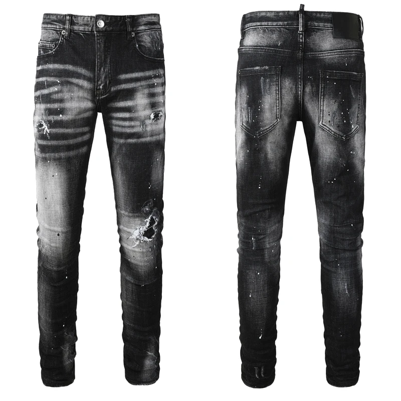 

Дизайнерские модные новые мужские джинсы, с эффектом поношенности, ностальгические, стрейч, облегающие, черные джинсы, брюки в стиле хип-хоп, бренд High Street, H