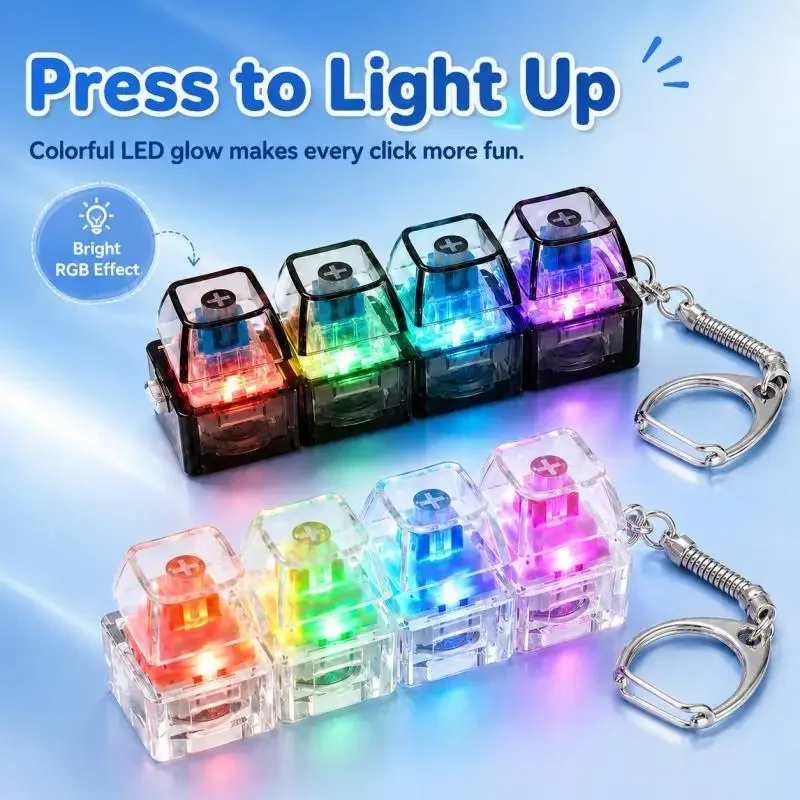 1-10PCS Mechanical Keyboard Keychain LED Light Up Fidget Toy 4 Switches Clicky Sound Stress Relief Keyring Cool Gamer Gift