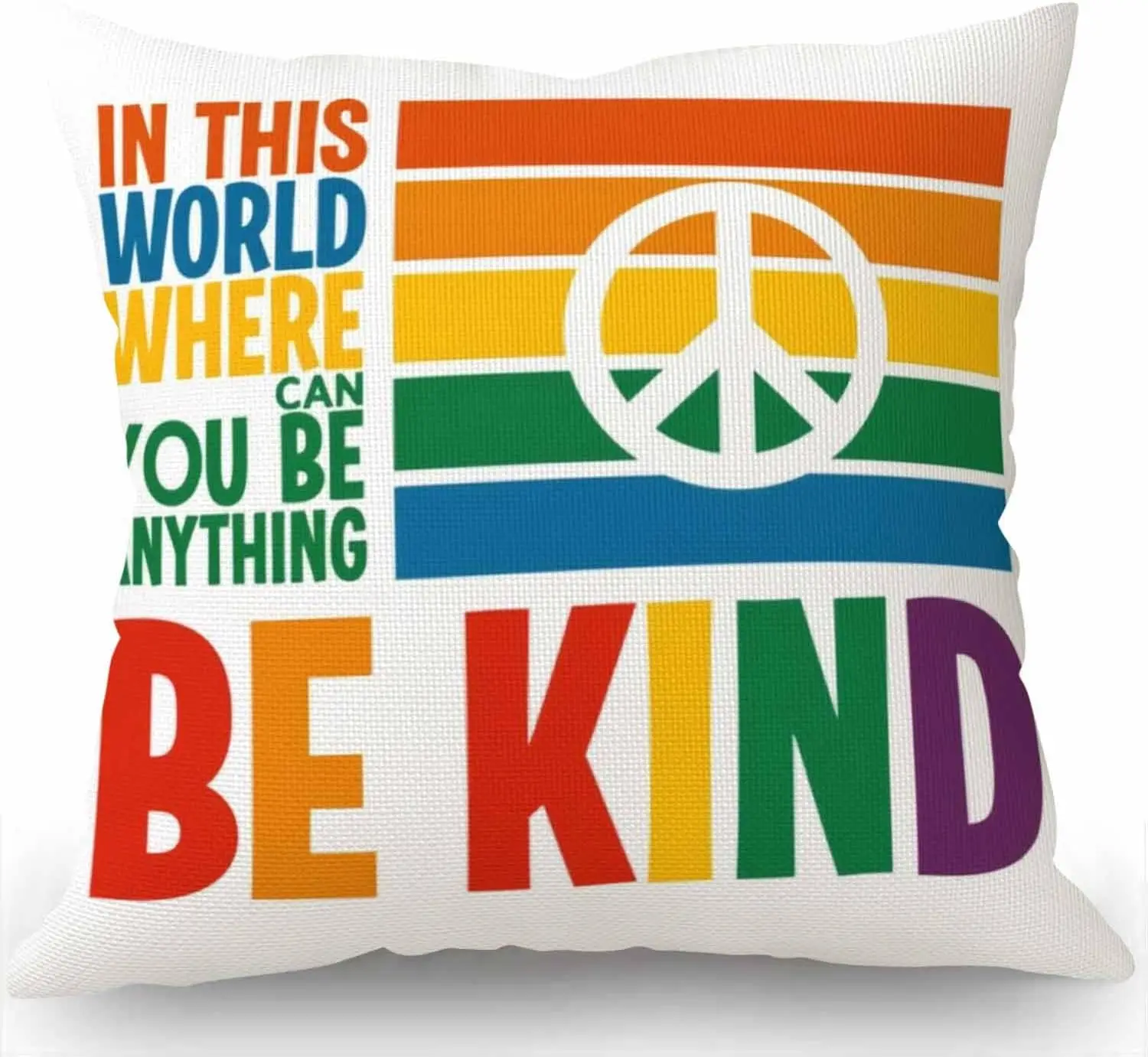 Rainbow Peace Sign Pillowcase, Be Kind Quote Cushion Cover, Retro 70s Home Decor, Inspirational Living Room Sofa Gift
