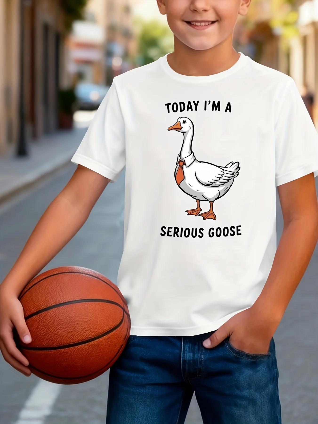 Kids New  Cotton Tee Serious Cartoon Goose with Tie Slogan Crew Neck Short Sleeve Funny Animal Casual Tops