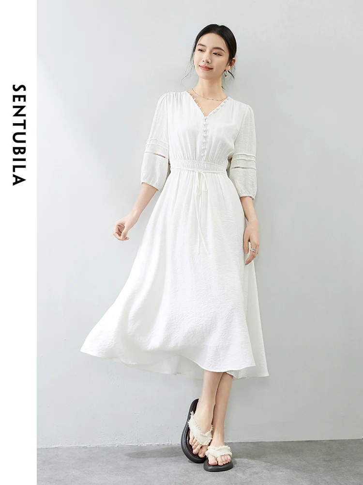 

SENTUBILA Summer Linen Blend A-line White Dress 2024 French Style Three Quarter Sleeve V-neck Elegant Midi Dresses 142L53697