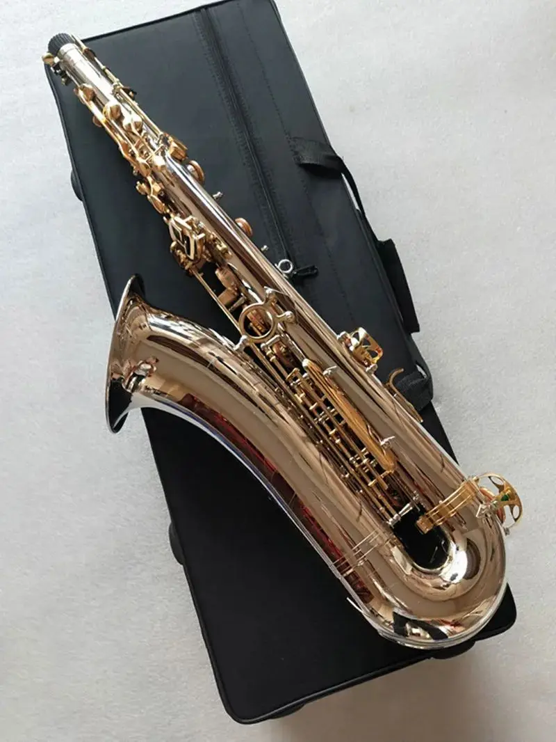 New Tenor Saxophone  T  W037 Musical Instruments Bb Tone Nickel Silver Plated Tube Gold Key Sax With Case