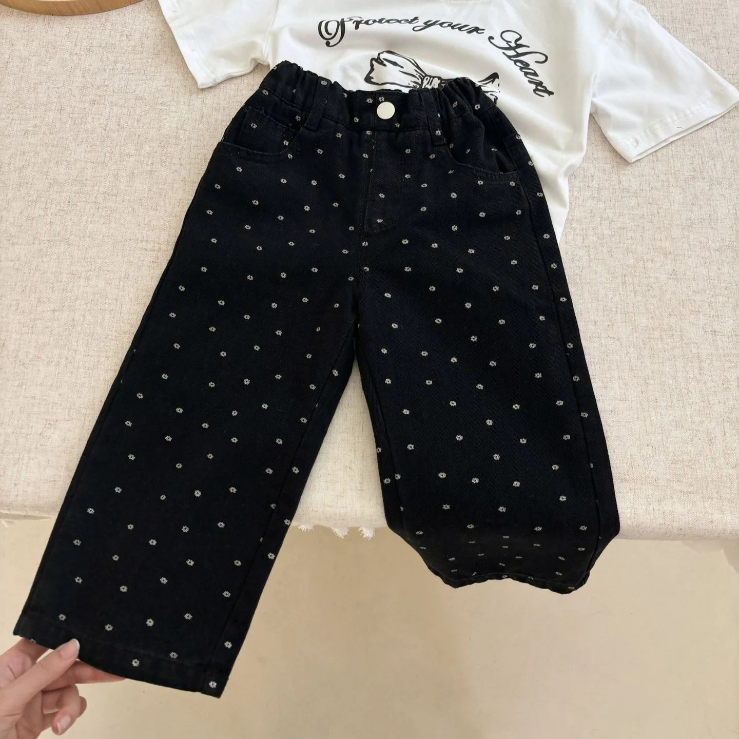 Girls Pants 2024 Autumn New Childrens Clothes Girls Baby Korean Floral Wave Point Wide-leg Pants Casual Simple and Versatile