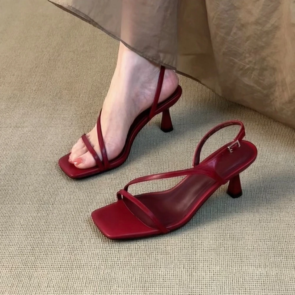 French-style High Heels for Women, Thin Heels, 2026 Summer New Square-toe, One-strap Open-toe Sandals