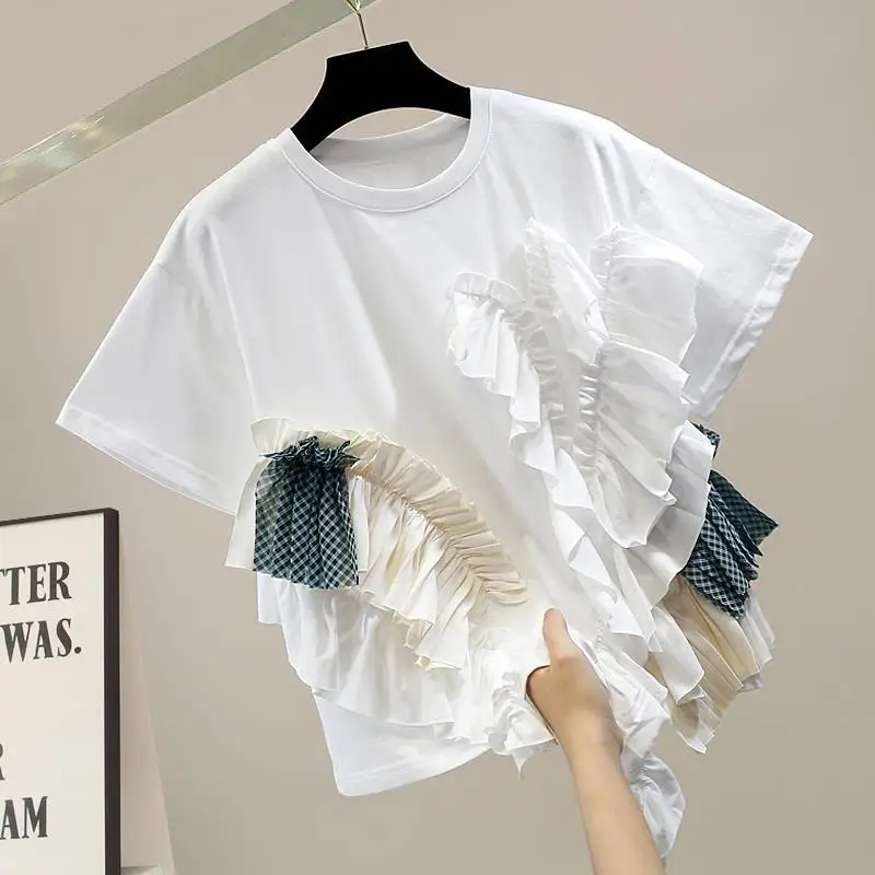 

Irregular layered color blocking splicing short sleeved casual T-shirt with ruffle edge, fashionable design sense top