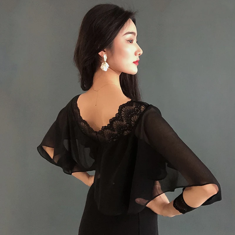 Ballroom Dance Clothes Black Lace Tops Women Long Sleeves Flowing Mesh Waltz Dance Costume Tango Performance Dancewear BL12881