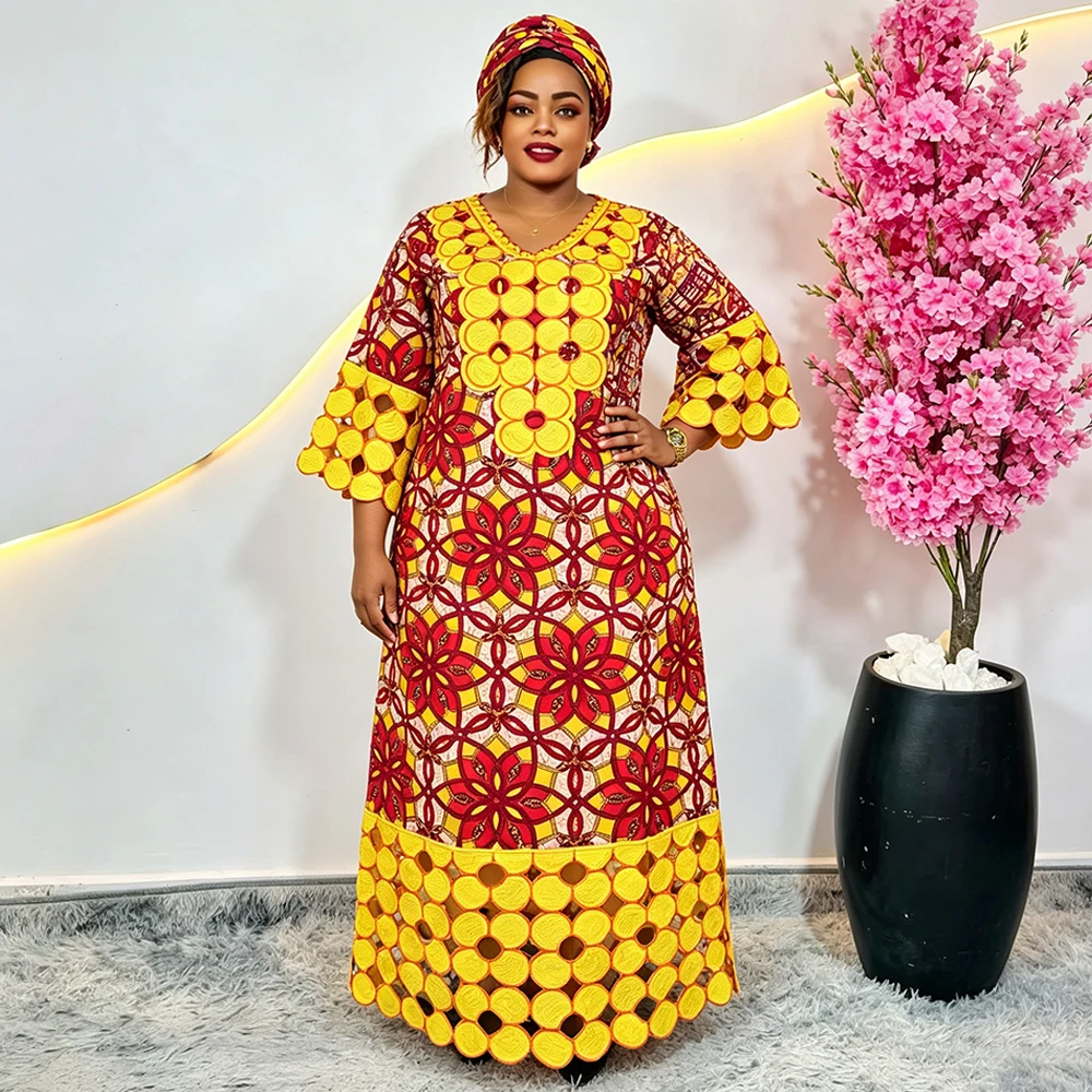 Plus Size African Clothes for Women 2025 New Dashiki Ankara Embroidery Bazin Riche Design Wedding Party Dresses with Headscarf