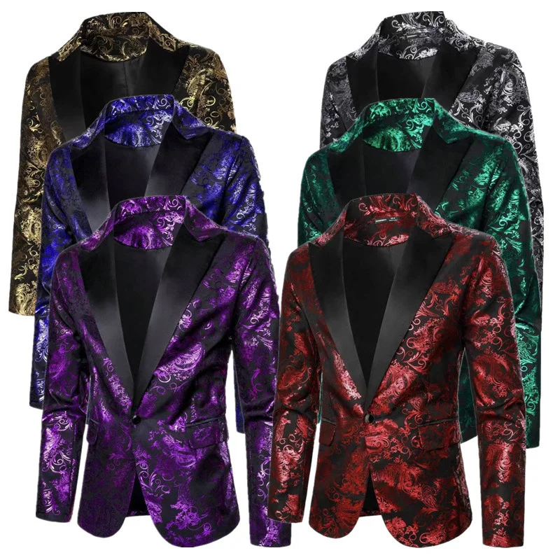 

High End Men's Hot Golden Stamping Printed Suit Single Button Loose Jacket, Fashion Male Wedding, Party, Luxurious Floral Blazer
