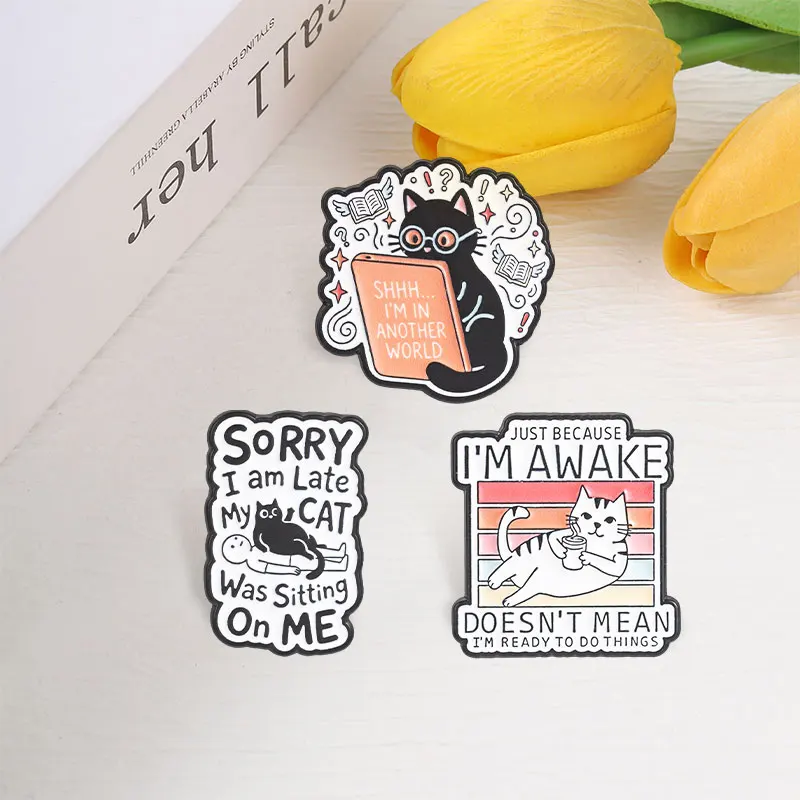 Cute Cat Animal Enamel Pins Funny Lazy Kitten Drinking Coffee Introvert Kitty My Cat Was Sitting On Me Brooch Badge Jewelry Gift