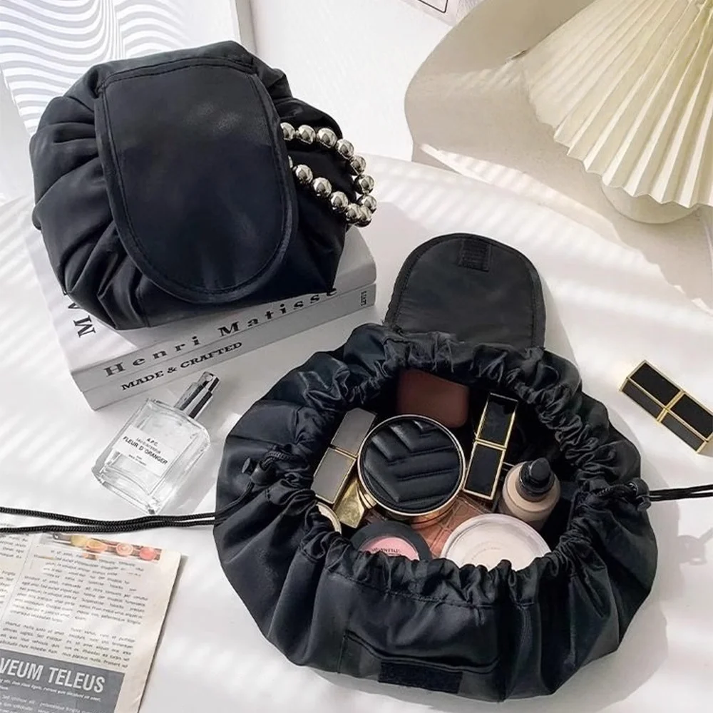 Drawstring Elastic Makeup Storage Bag Makeup Bag Women Portable Travel Black Large Capacity Portables Handbag Storage-Bags