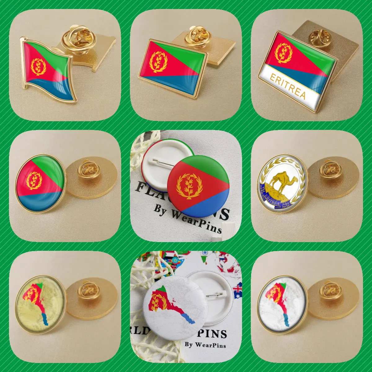 

Eritrea Eritreans Map Flag National Emblem Brooches Badges Lapel Pins