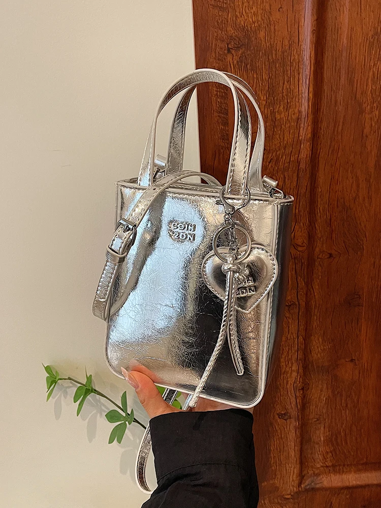 Fashionable Silver Bucket Bag Women\'s Crossbody Handbag Chic Sensation Autumn Winter New Style Handbag Soft PU Leather Small ...