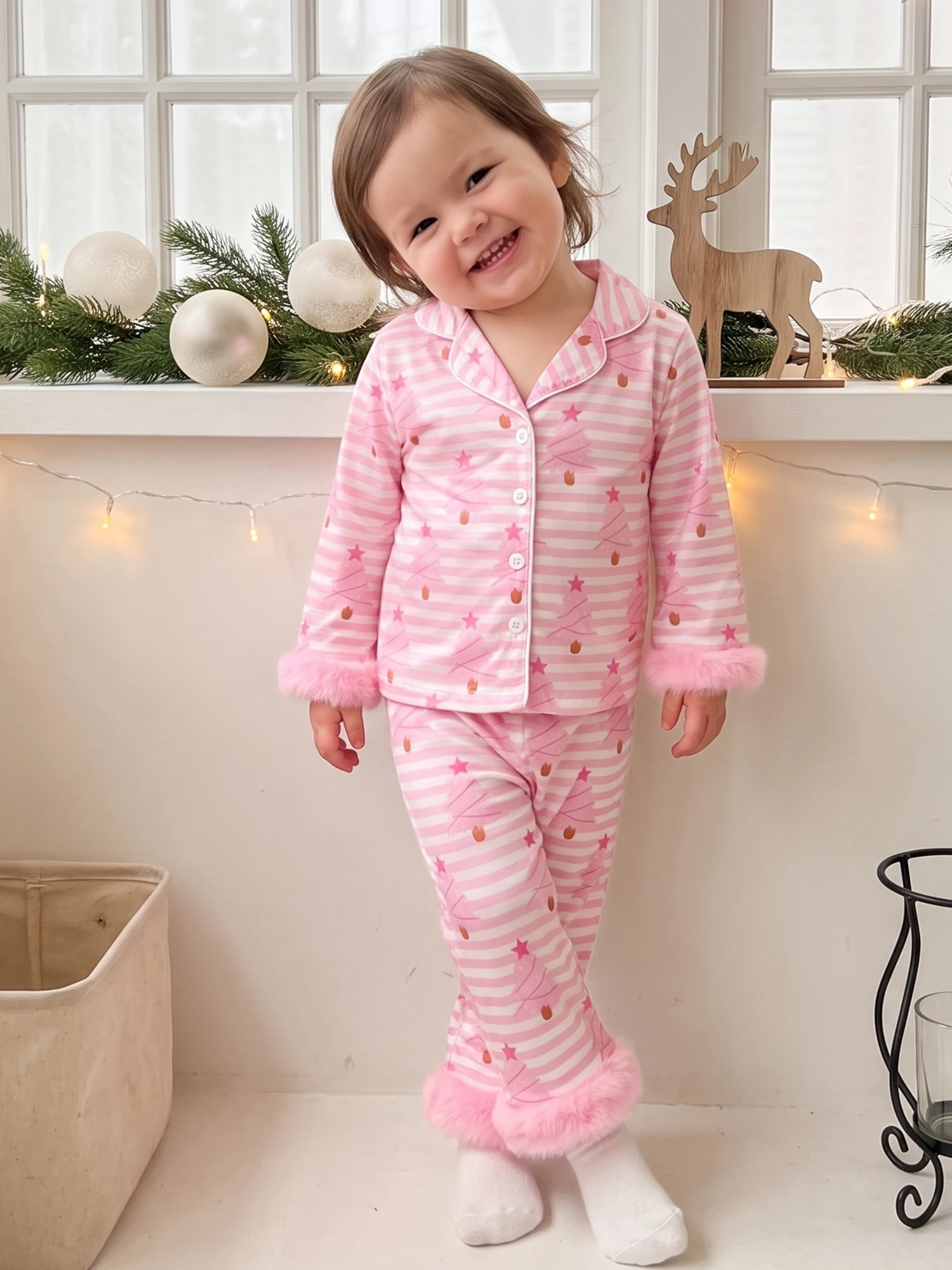 Shirt Pants Print-Button-Up Girls Satin Pajamas Striped Christmas Tree Pajamas Striped Christmas Tree-Print-Button Girls Satin