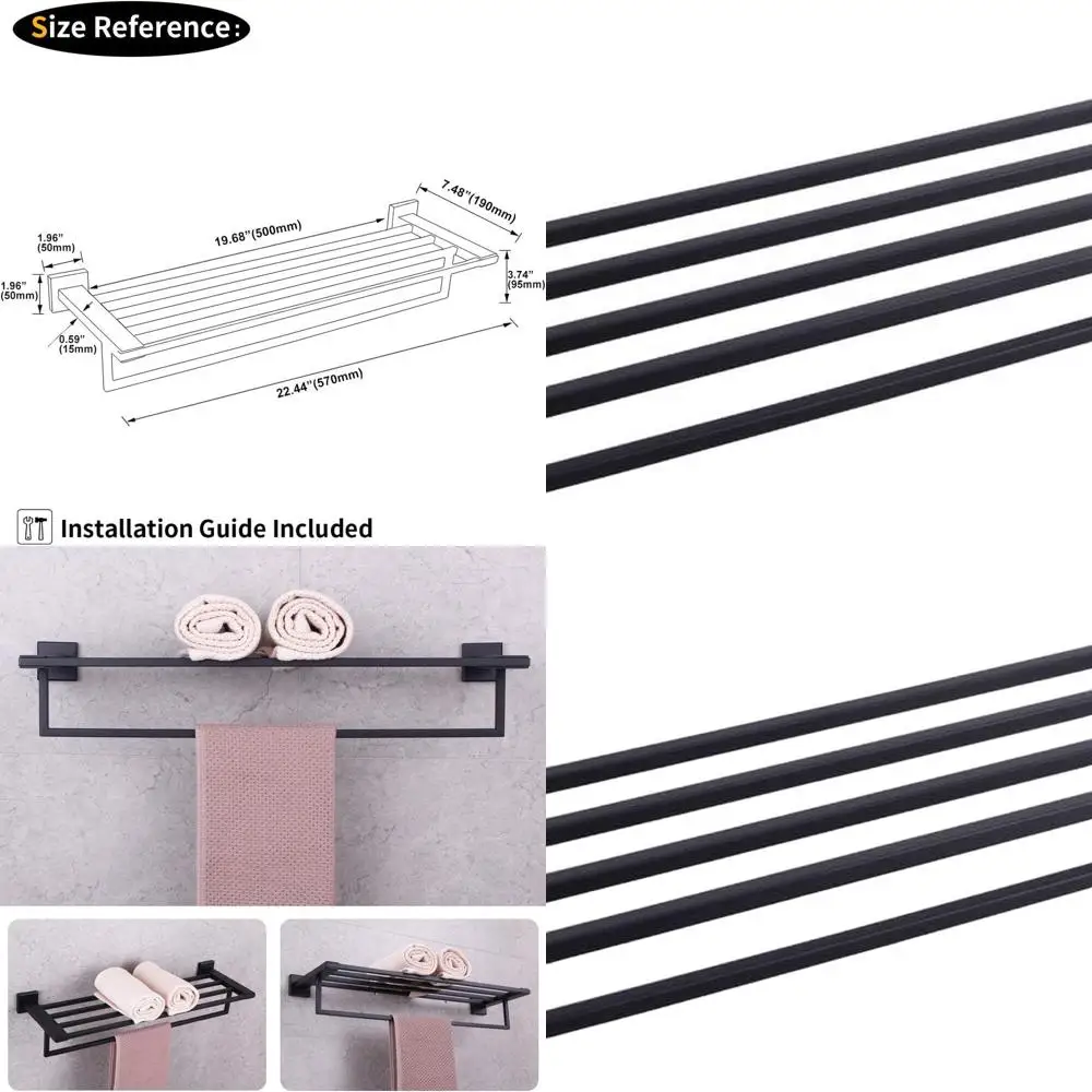 

Modern 24 Matte Black Wall-Mounted Stainless Steel Towel Shelf with Bar for Bathroom Organization