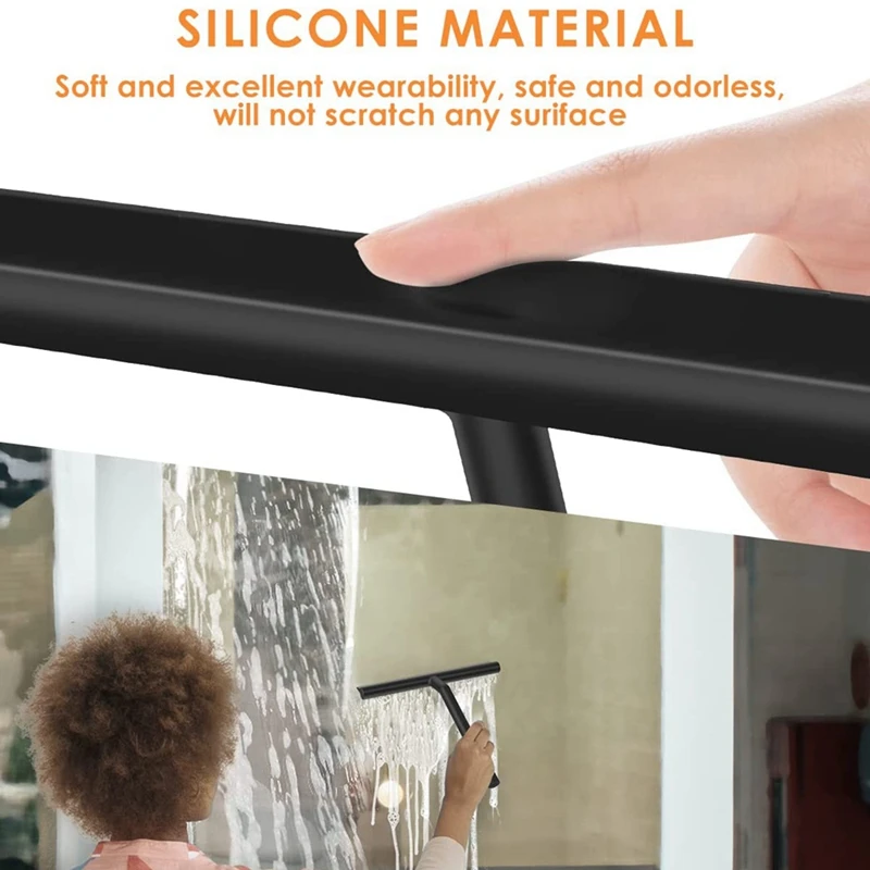 Silicone Shower Squeegee With Hook & Lanyard, Black Window Glass Scraper Multi Cleaner