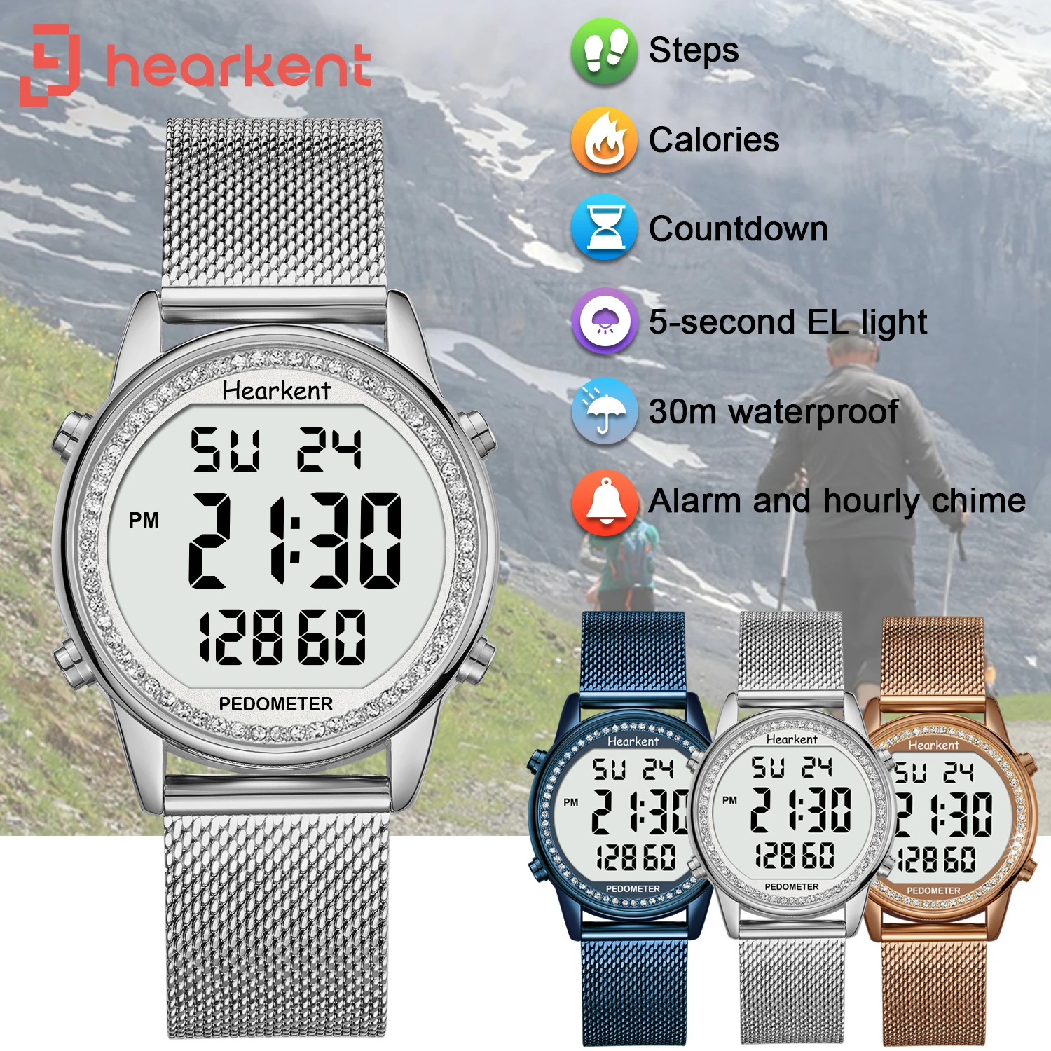 

Hearkent Pedometer Sport Watch LED Backlight Step Calories Mile Counter Waterproof Digital Women's Wrist Watches Walking Tracker