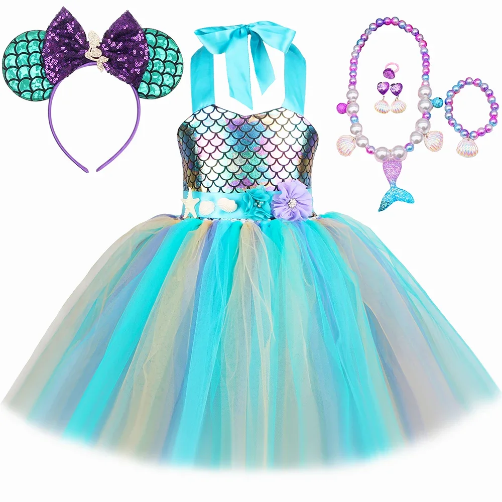 Girls Mermaid Costume Fish Scale Flowers Little Mermaid Princess Tutu Dress Up Clothes Kids Halloween Birthday Party Dresses Set