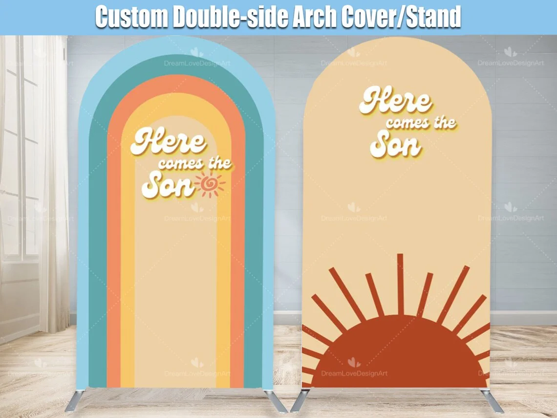 

Boy Baby Shower Arch Backdrop Here Comes the Son Party Retro Groovy Arched Stand Frame Panels Sunshine Chiara Wall Background