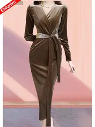 Women 2023 New Year Winter Spring Basic Wear Feminine Vestidos Lace-Up Sexy French Black Long Elegant Party Velvet Pencil Dress