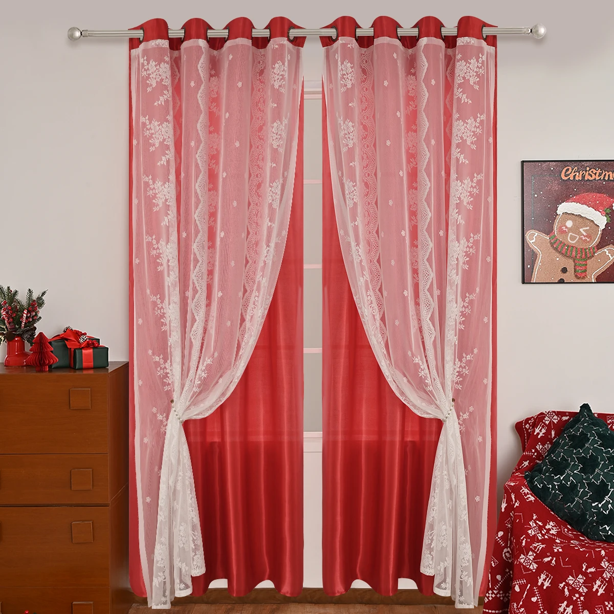 1PC Christmas Solid-Color Satin Double-Layer Punched Sheer Curtains with Three Rows of Flower Patterns